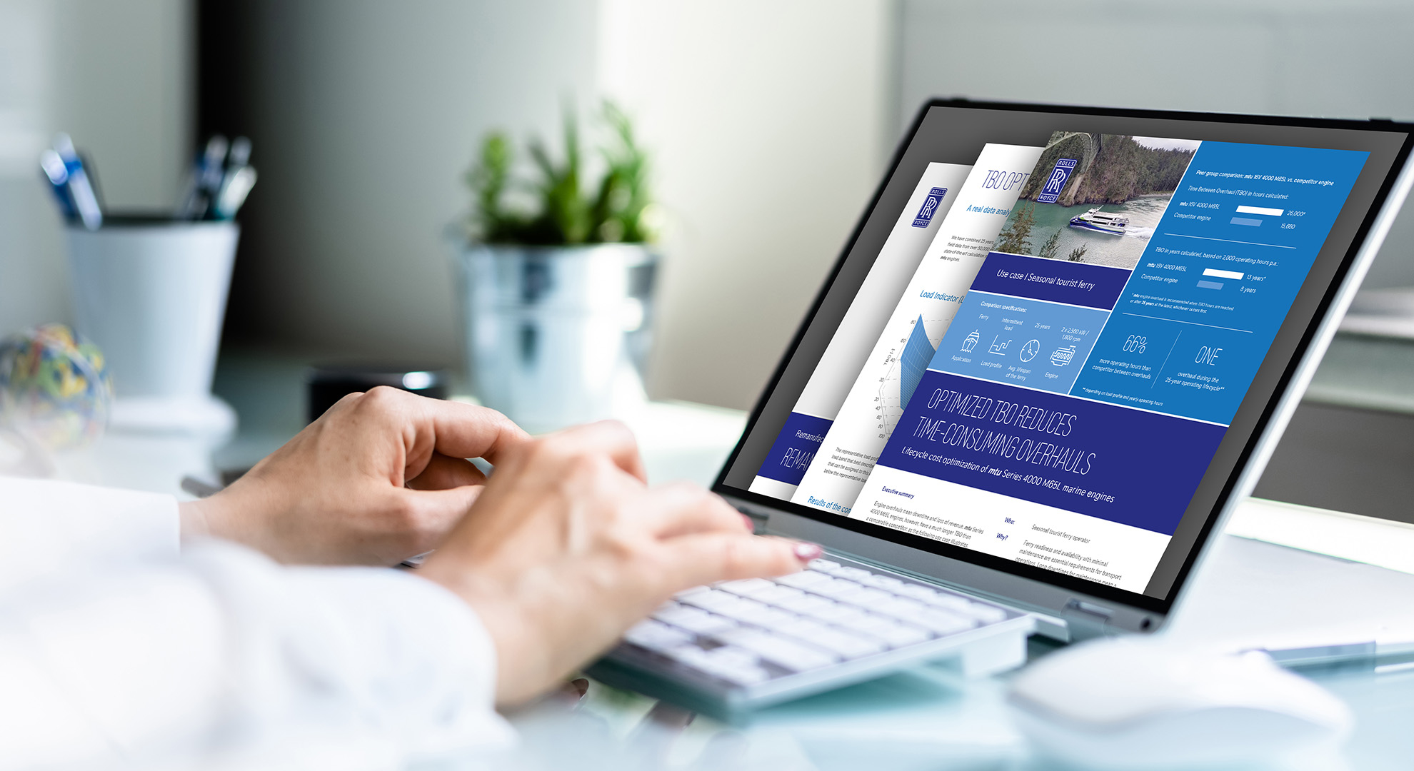 A person using a laptop displaying a digital brochure on marine engine lifecycle solutions.